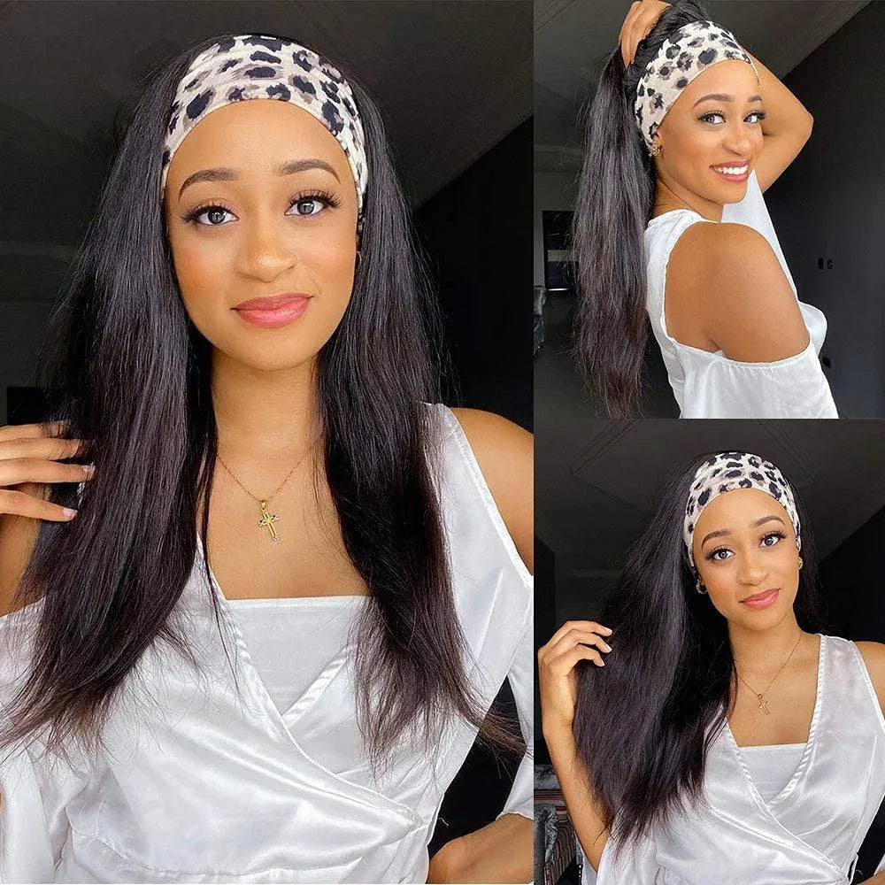 Headband Wigs Human Hair Straight for Black Women Glueless None Lace Front Wigs Brazilian Virgin Human Hair Machine Made Wig 180% Density Natural Color