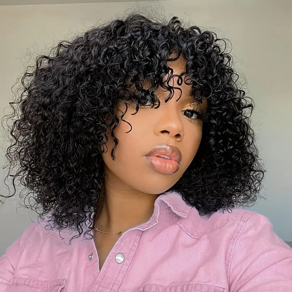 human wigs 200% density short kinky curly wave wig with bangs for black women 100% brazilian virgin human hair wigs machine made glueless wig natral black