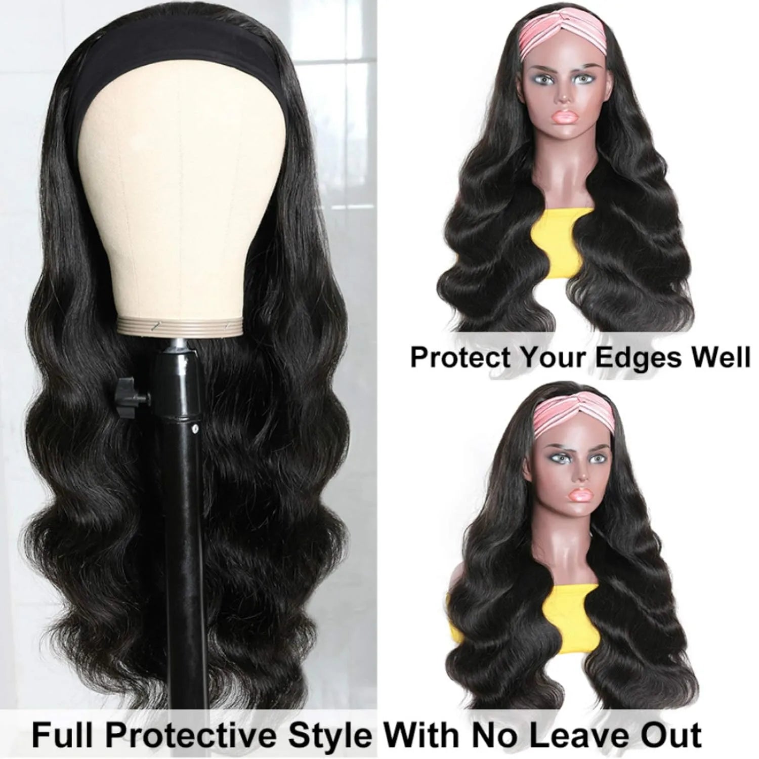 Human Hair Body Wave Headband Wigs for Black Women Brazilian Virgin Hair Glueless None Lace Front Wigs Headband Wig Wear and Go Wigs 180% Density