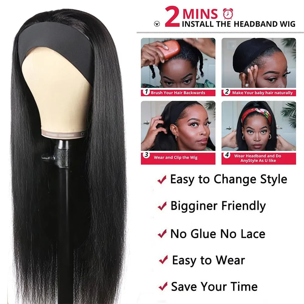 Straight Headband Wigs Human Hair for Black Women Glueless None Lace Front Wig Brazilian Virgin Human Hair Wigs Natural