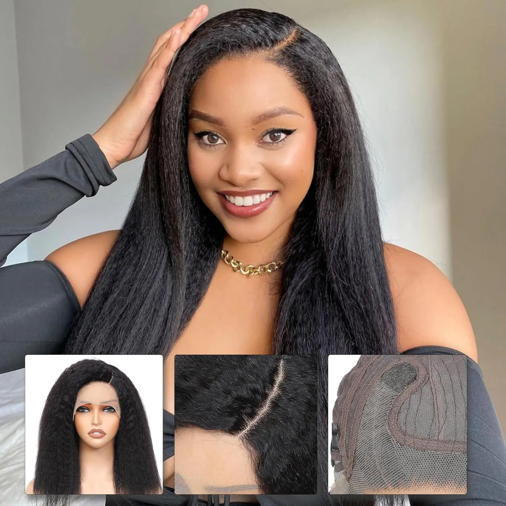 kinky straight human hair wigs C part 6x4x1 lace front 100% Brazilian virgin human hair 180% density yaki straight curly wig for black women natural black color