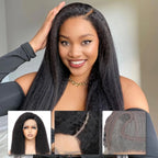 kinky straight human hair wigs C part 6x4x1 lace front 100% Brazilian virgin human hair 180% density yaki straight curly wig for black women natural black color