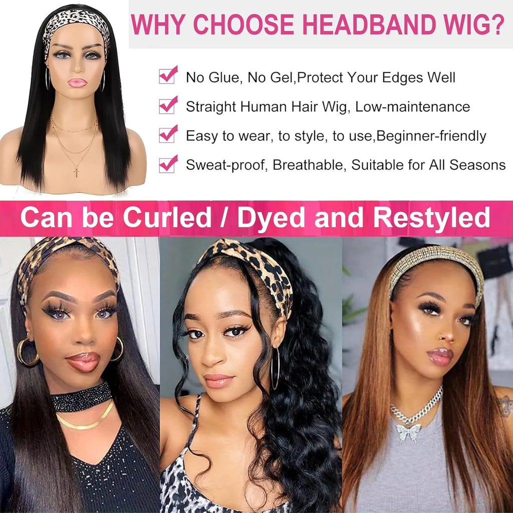 Headband Wigs Human Hair Straight for Black Women Glueless None Lace Front Wigs Brazilian Virgin Human Hair Machine Made Wig 180% Density Natural Color