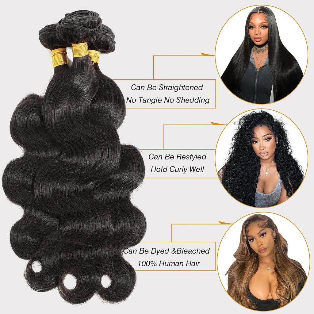 Human Hair Bundles Body Wave Bundles 10A Grade 100% Unprocessed Brazilian Virgin Hair 3 Bundles Deals Real Human Hair Extensions For Black Women Natural Black