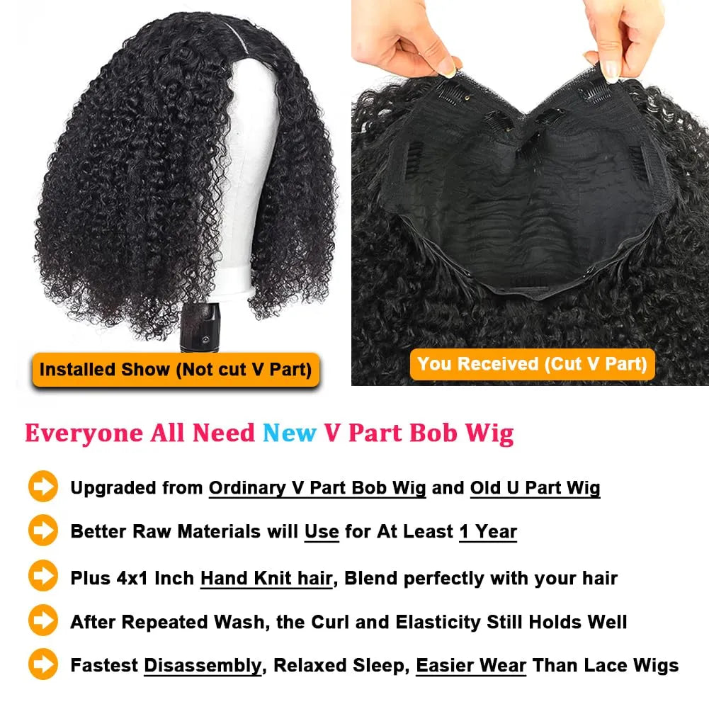 v part wig human hair kinky curly upgrade u part glueless wigs human hair pre plucked for black women 180% density 4x4x1 inch middle net clip in half wig natural black