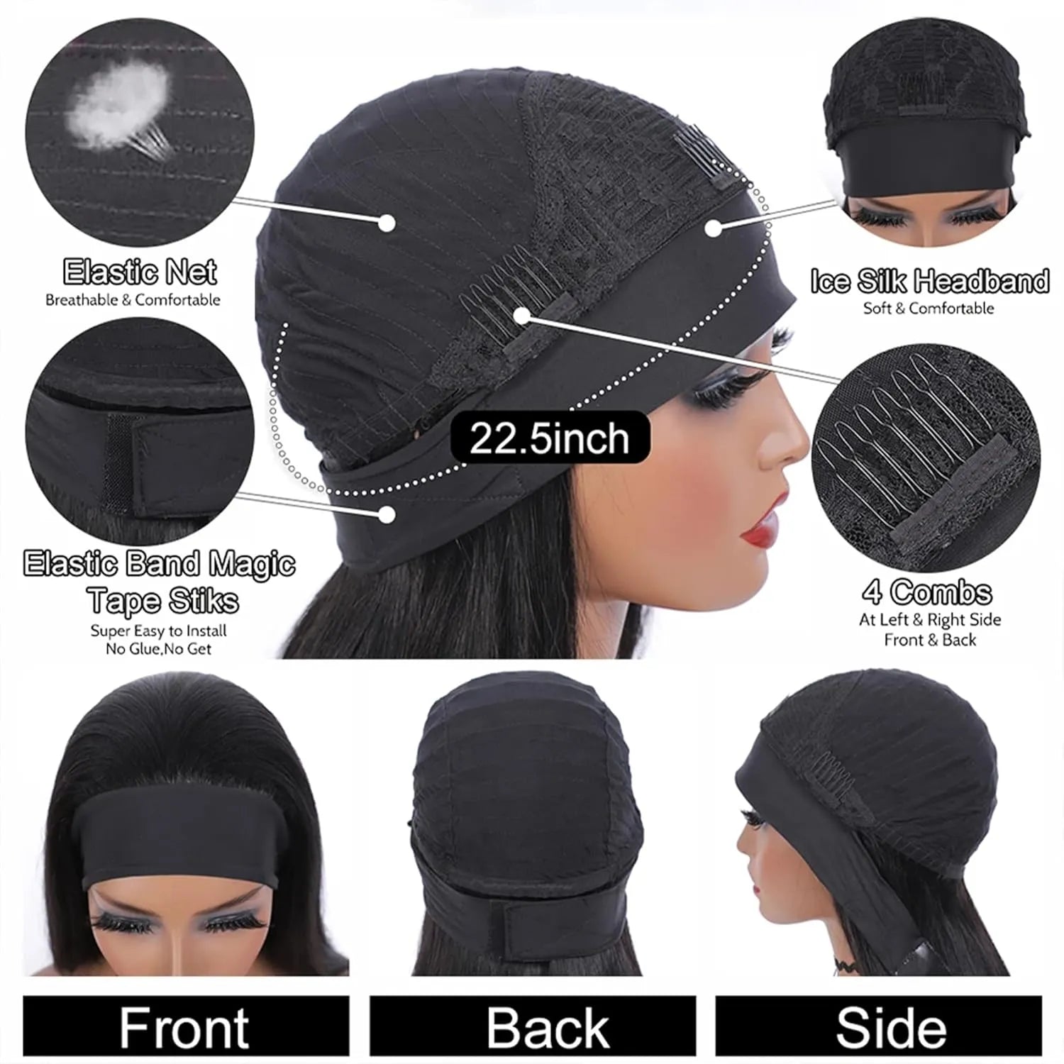 Headband Wig Human Hair Body Wave Wigs for Black Women Brazilian Virgin Hair Wear and Go Glueless Wig None Lace Front Wigs for Beginners 180% Density Natural Black Color