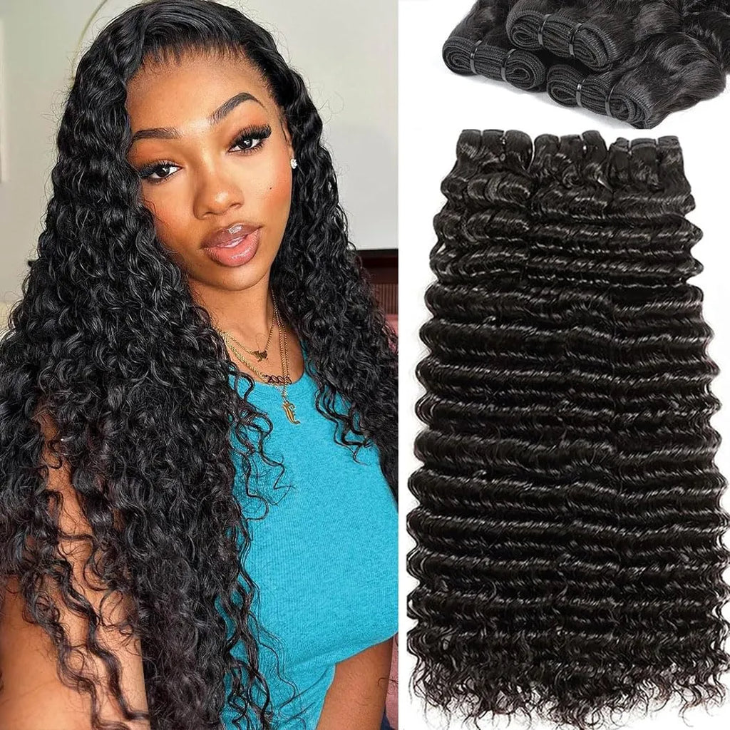 Deep Wave Bundles Human Hair 12A Curly Human Hair Bundles 100% Unprocessed Brazilian Water Wave 3 Wet and Wavy Bundles for Black Women