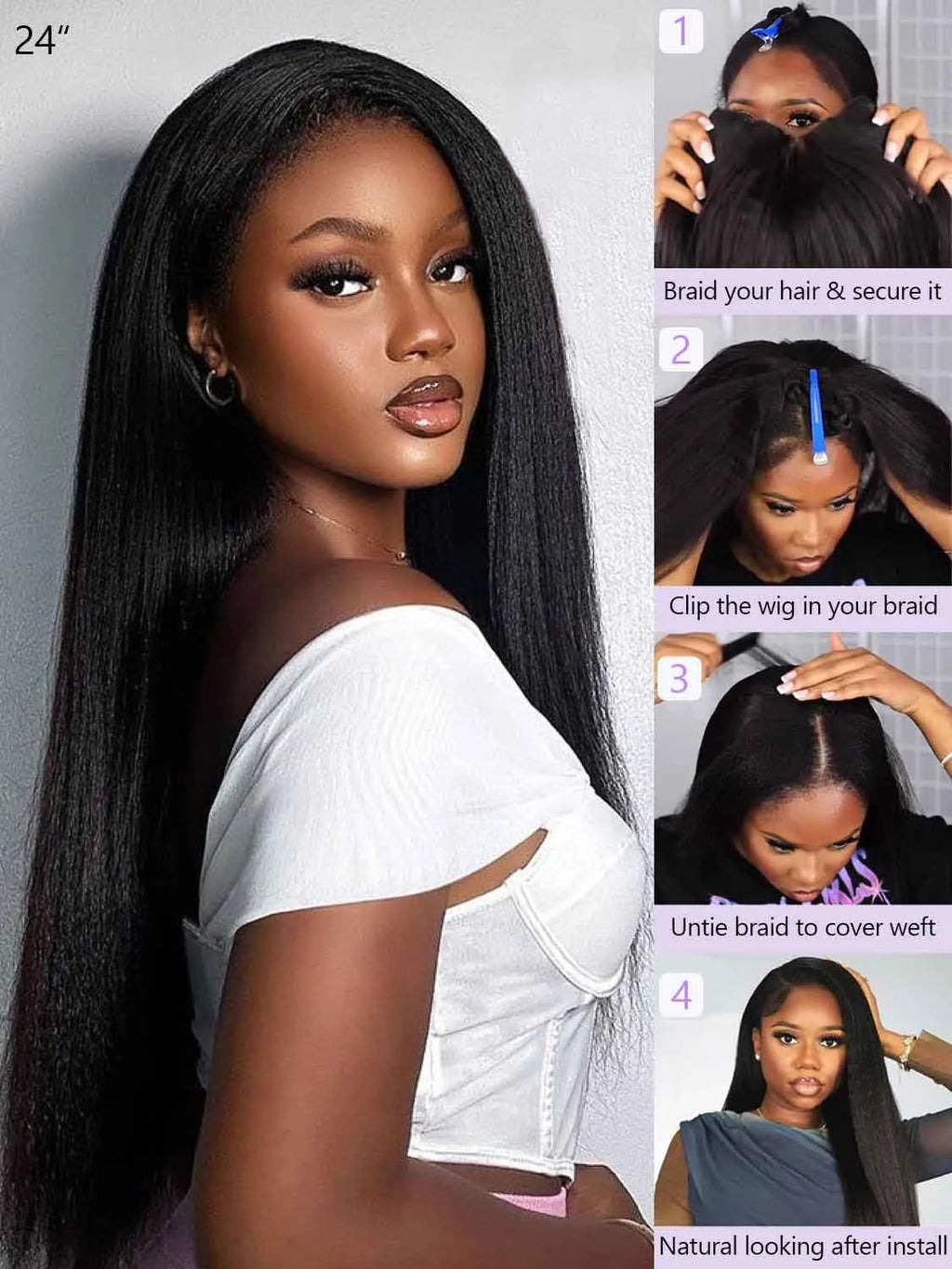 Kinky Straight U Part Human Hair Wig 12A Upgraded Glueless Full Head Clip in U Part Wigs for Women Natural Black brazilian hair