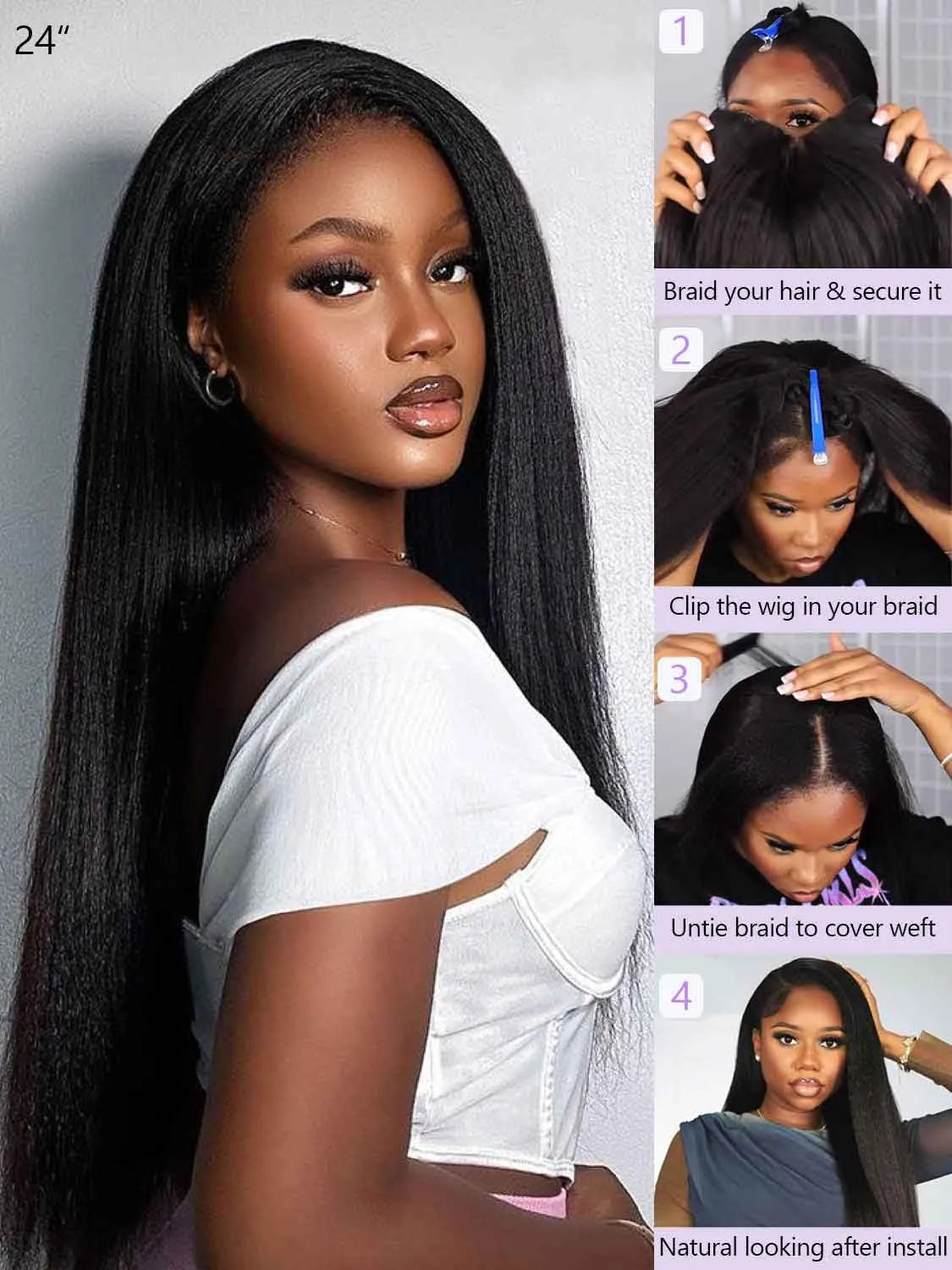 Kinky Straight U Part Human Hair Wig 12A Upgraded Glueless Full Head Clip in U Part Wigs for Women Natural Black brazilian hair