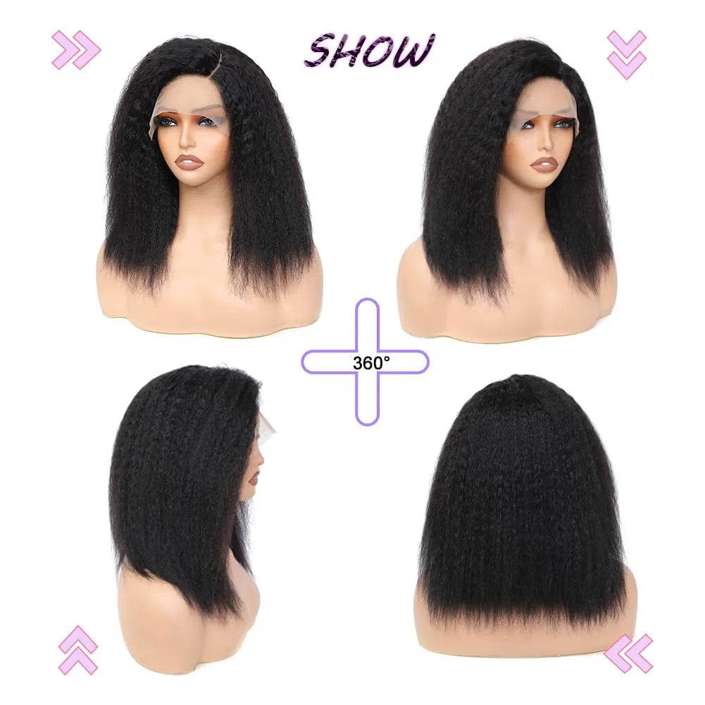 kinky straight human hair wigs C part 6x4x1 lace front 100% Brazilian virgin human hair 180% density yaki straight curly wig for black women natural black color
