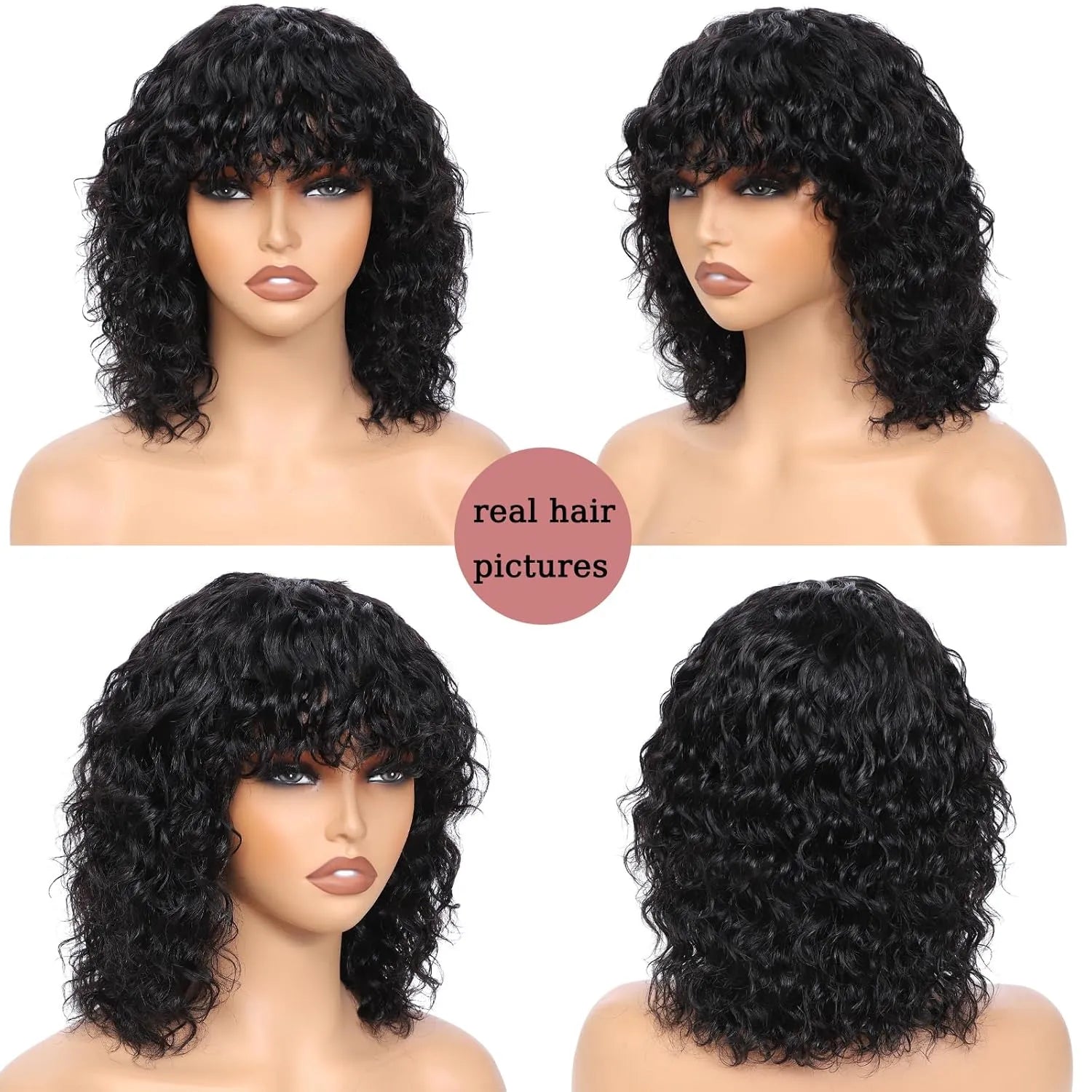 glueless short water wave human hair wig with bangs 200% density 100 percent human hair no lace wet and wavy wigs for black women 12 inch natural color curly hair