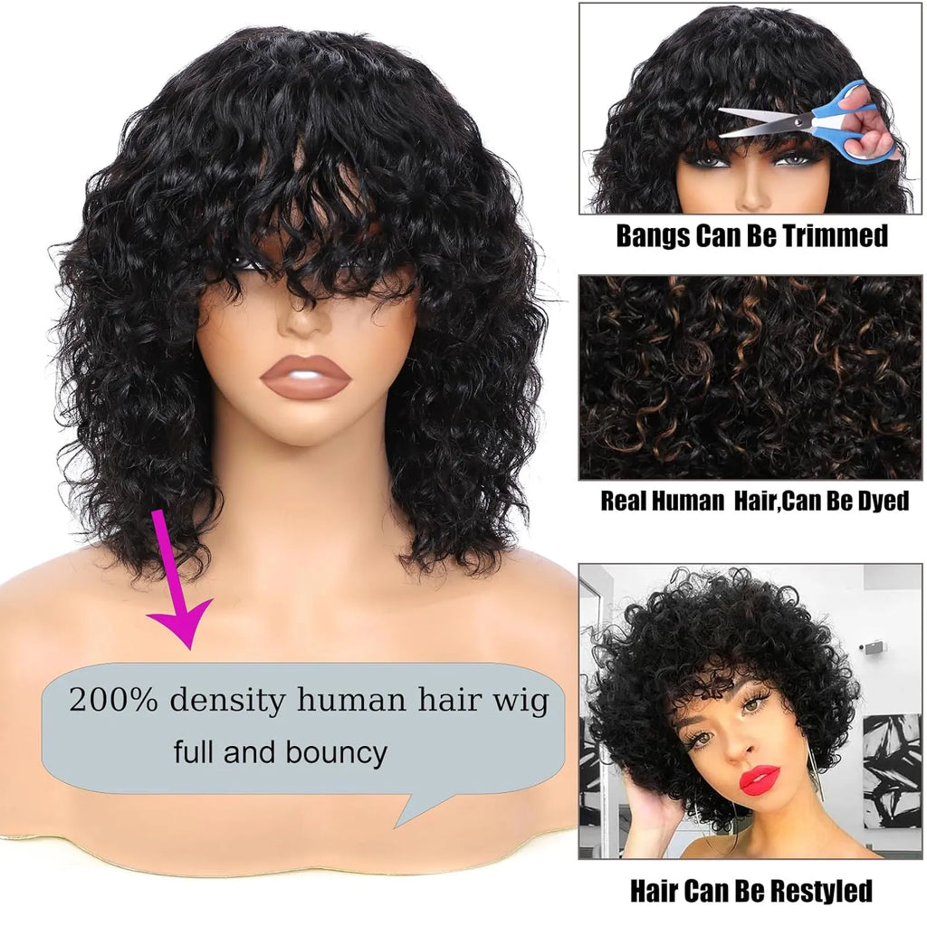 glueless short water wave human hair wig with bangs 200% density 100 percent human hair no lace wet and wavy wigs for black women 12 inch natural color curly hair