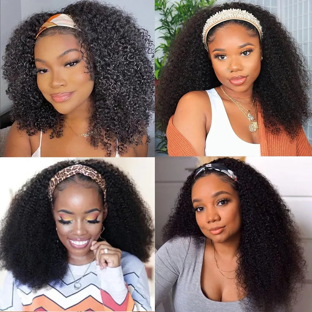 Headband Wigs Human Hair for Black Women Kinky Curly Deep Curly Human Hair Wigs No Lace Front Wig Density Natural Black Color
