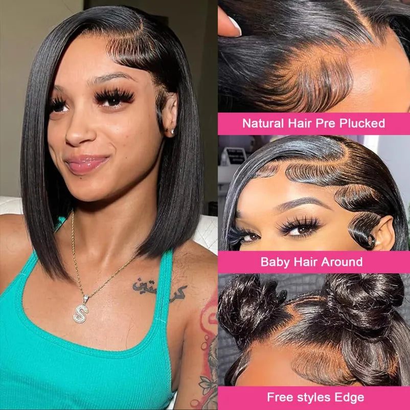 Bob Wig 13x4 HD Transparent Lace Front Wigs 100% Human Hair Pre Plucked 180% Density Short Bob Glueless Straight Wigs Human Hair for Women Natural Black