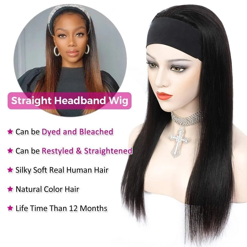 Headband Wigs Human Hair Straight for Black Women Glueless None Lace Front Wigs Brazilian Virgin Human Hair Machine Made Wig 180% Density Natural Color