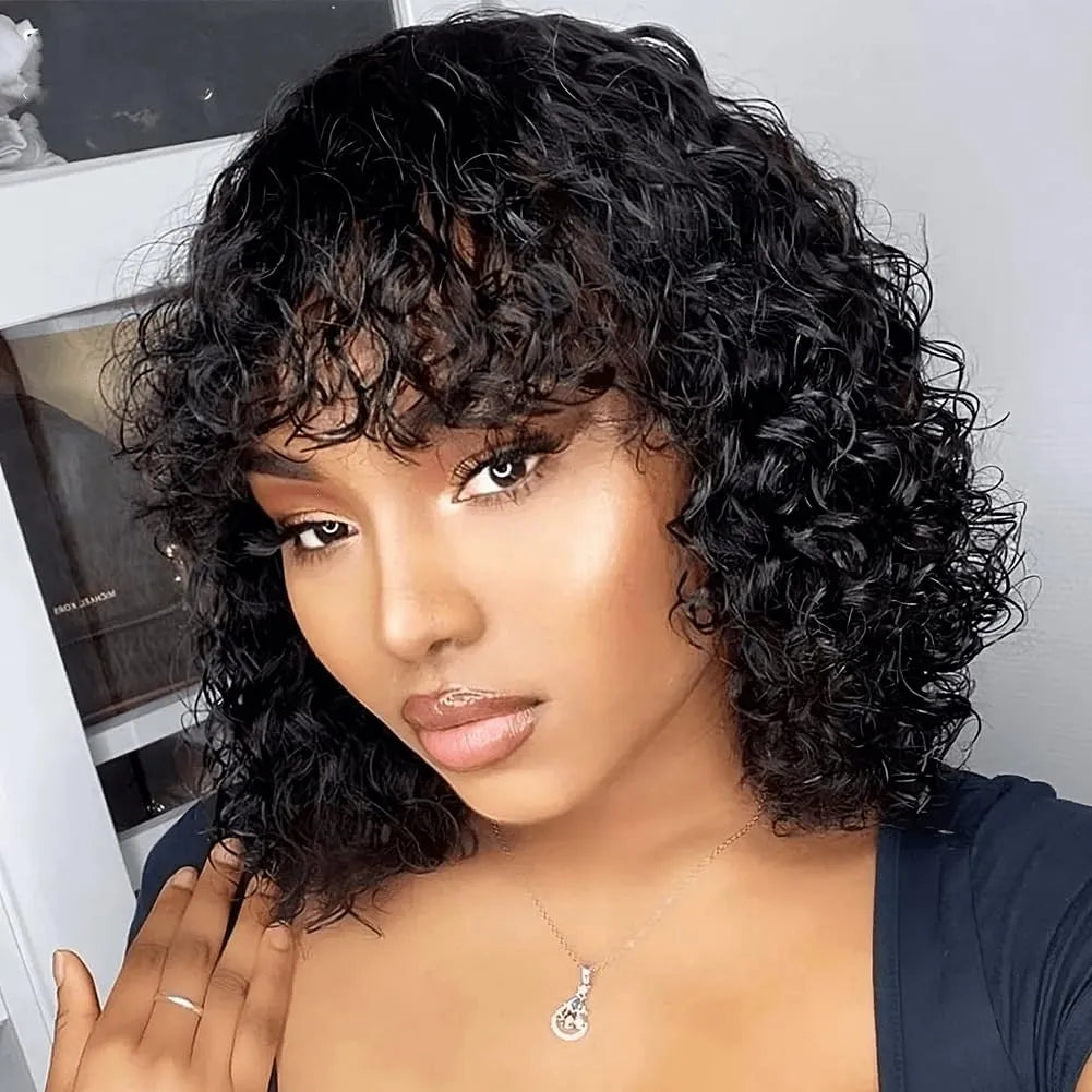 glueless short water wave human hair wig with bangs 200% density 100 percent human hair no lace wet and wavy wigs for black women 12 inch natural color curly hair