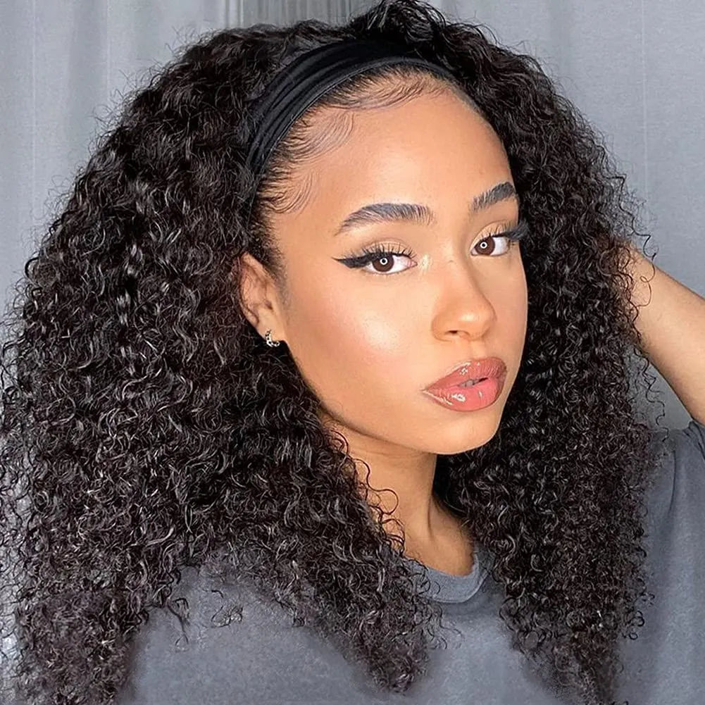 Kinky Curly Headband wigs Human Hair for Black Women No Glue 180 Density brazilian Scarf None Lace Front Wigs deep curly