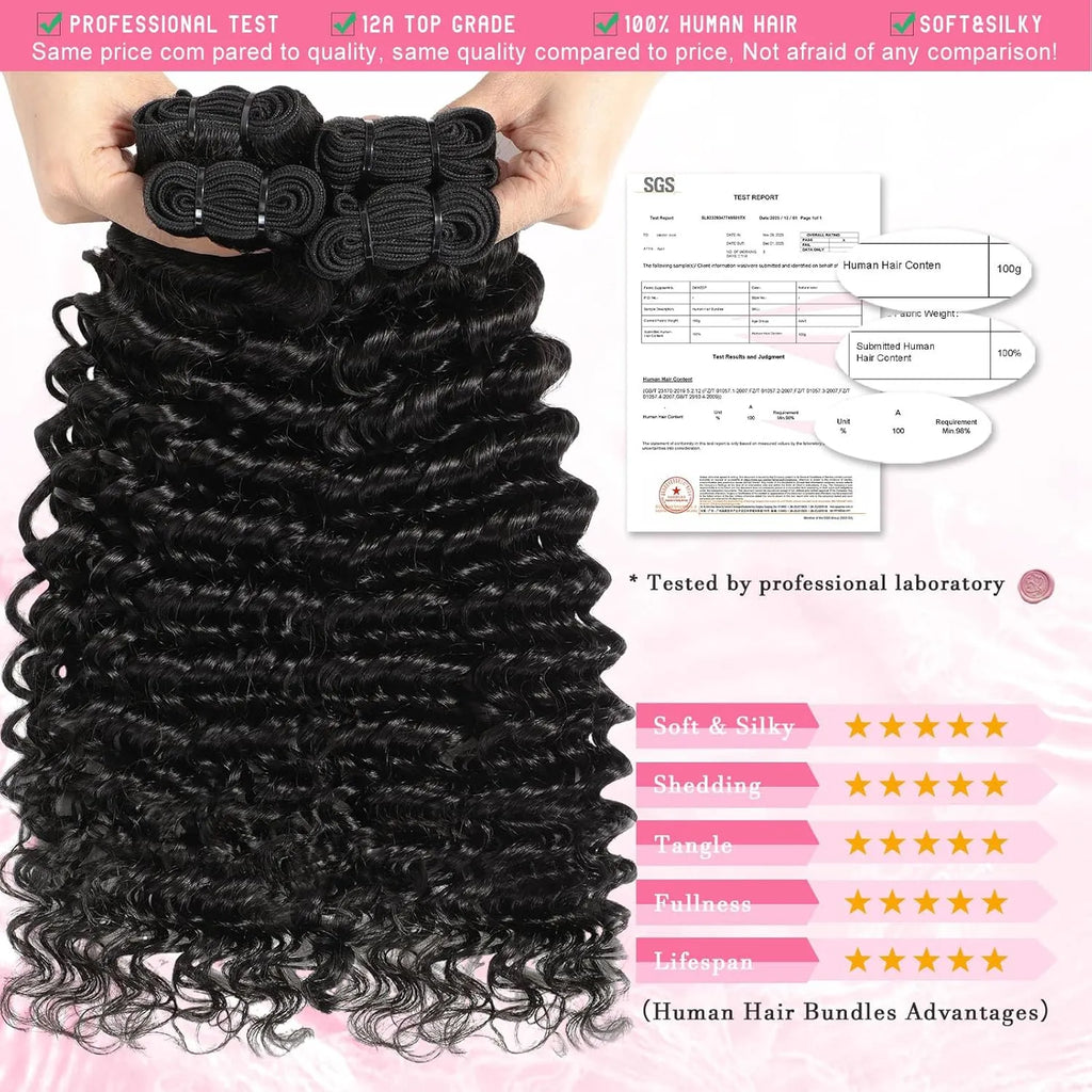 Deep Wave Bundles Human Hair 12A Curly Human Hair Bundles 100% Unprocessed Brazilian Water Wave 3 Wet and Wavy Bundles for Black Women