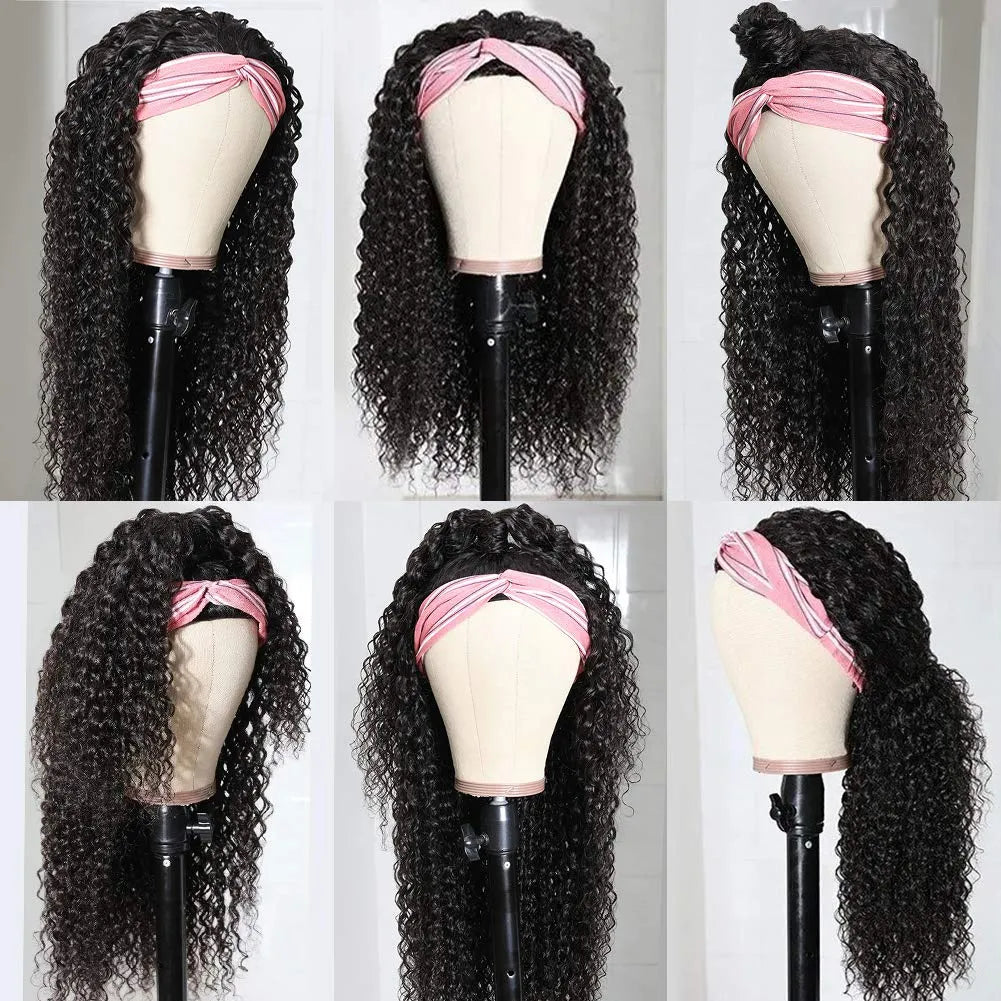 Kinky Curly Headband wigs Human Hair for Black Women No Glue 180 Density brazilian Scarf None Lace Front Wigs deep curly