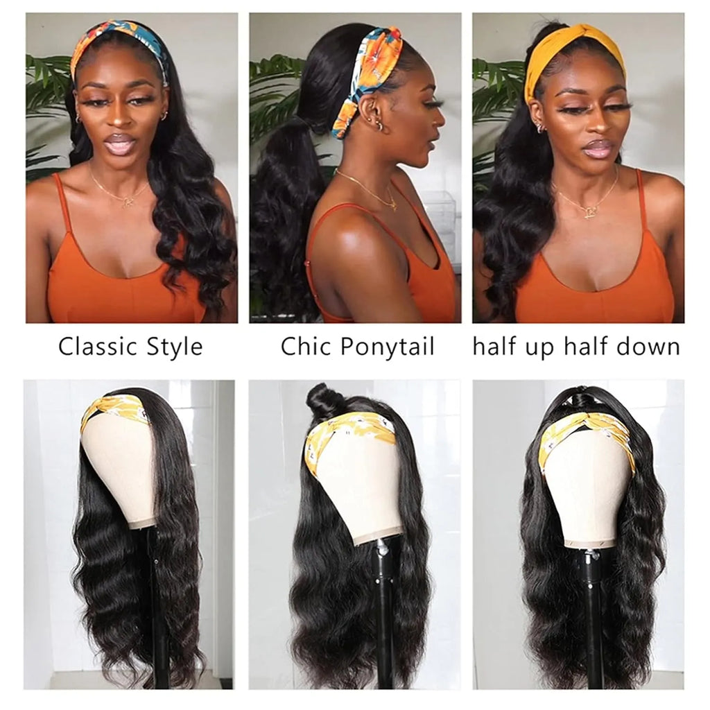 Human Hair Body Wave Headband Wigs for Black Women Brazilian Virgin Hair Glueless None Lace Front Wigs Headband Wig Wear and Go Wigs 180% Density