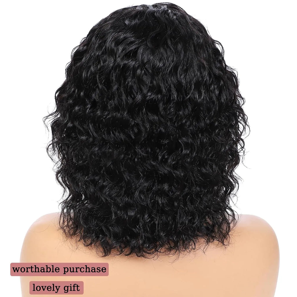 glueless short water wave human hair wig with bangs 200% density 100 percent human hair no lace wet and wavy wigs for black women 12 inch natural color curly hair