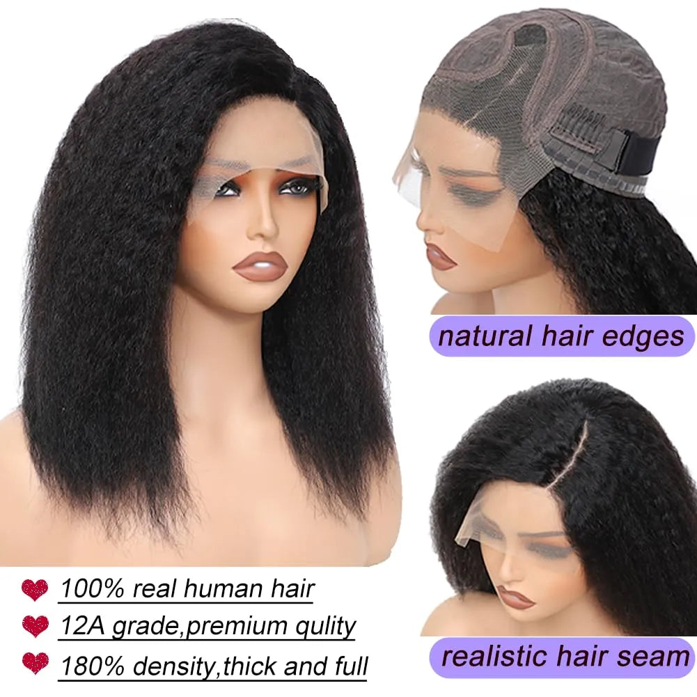 kinky straight human hair wigs C part 6x4x1 lace front 100% Brazilian virgin human hair 180% density yaki straight curly wig for black women natural black color