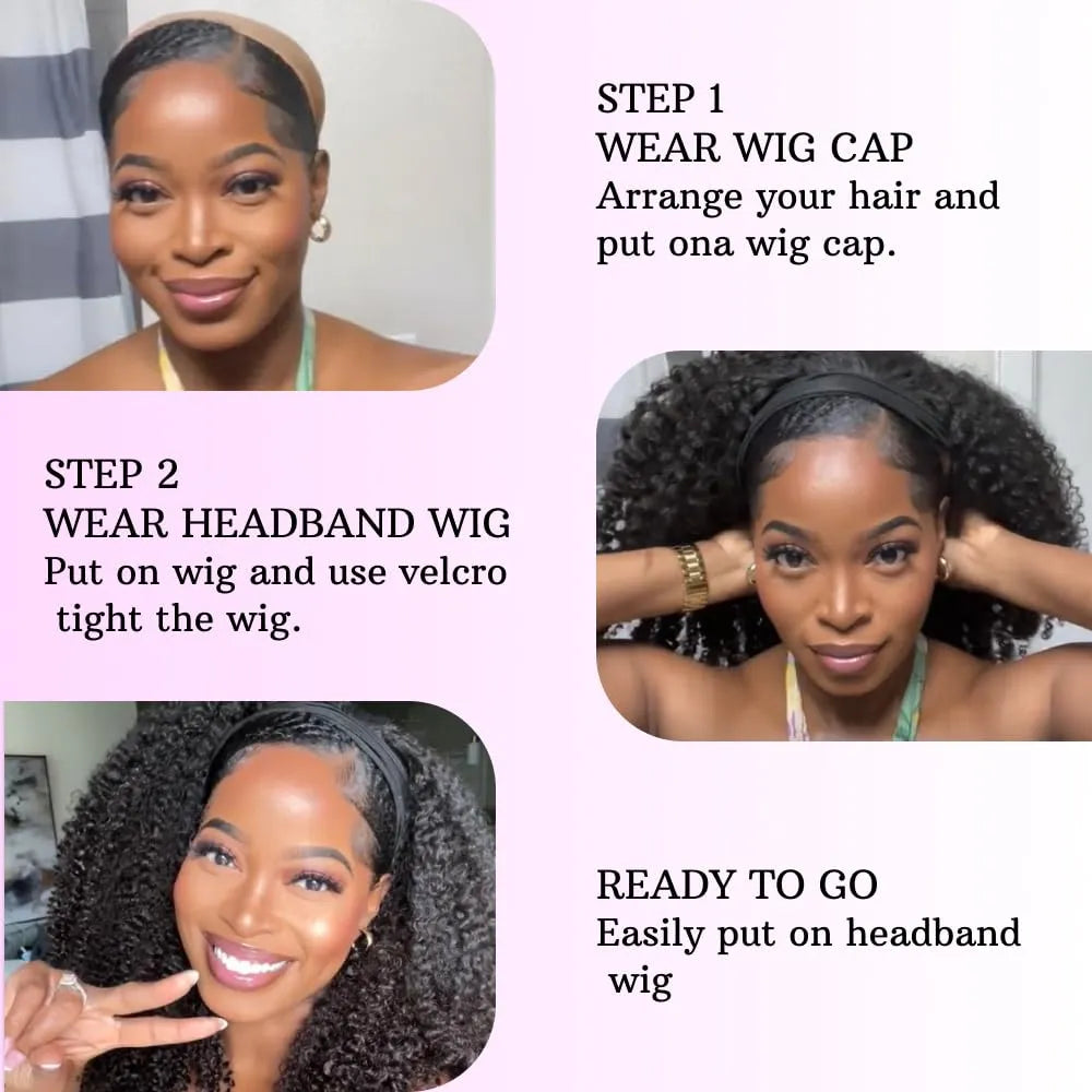 Headband Wigs Human Hair Kinky Curly for Black Women Curly Human Hair Wigs Brazilian Virgin Hair Wear and Go Glueless Wig Natural Color 180% Density