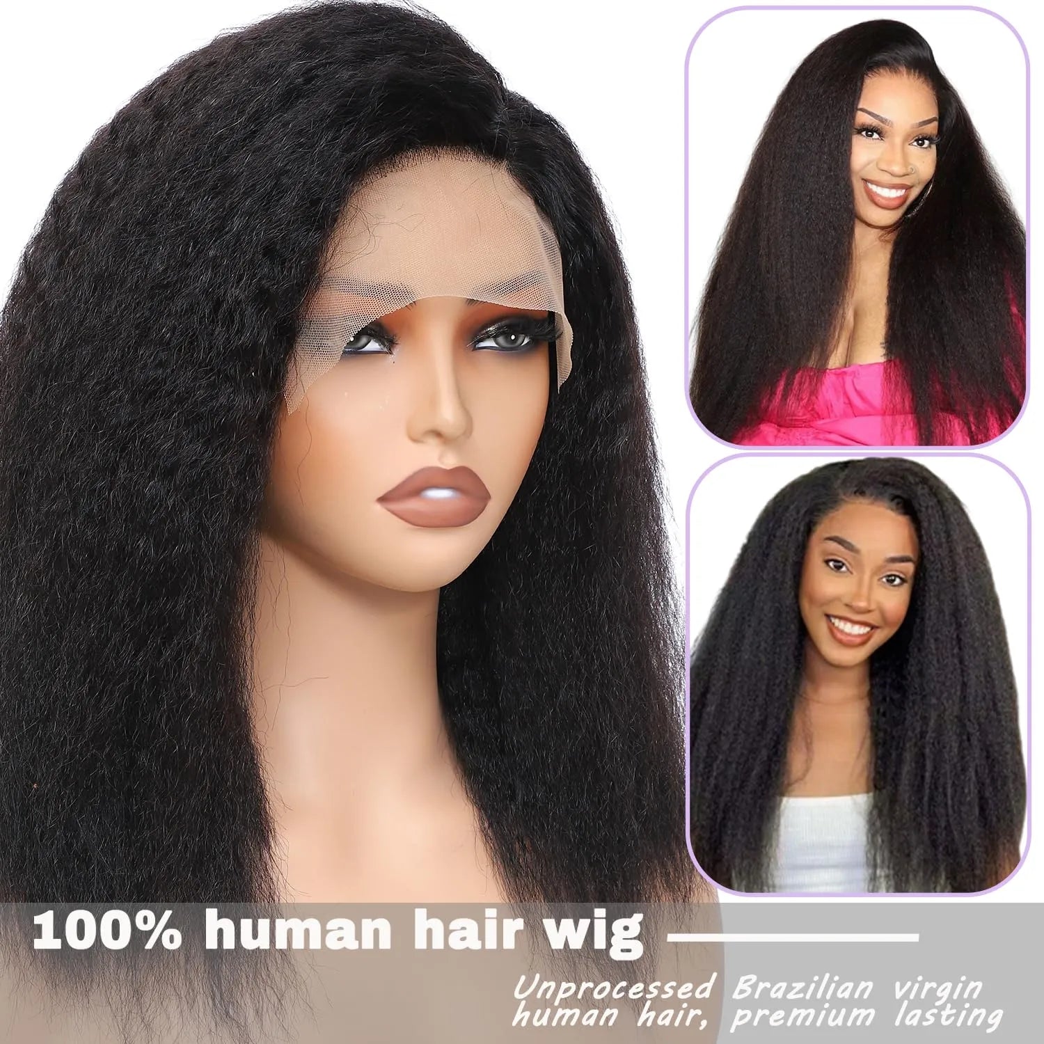 kinky straight human hair wigs C part 6x4x1 lace front 100% Brazilian virgin human hair 180% density yaki straight curly wig for black women natural black color