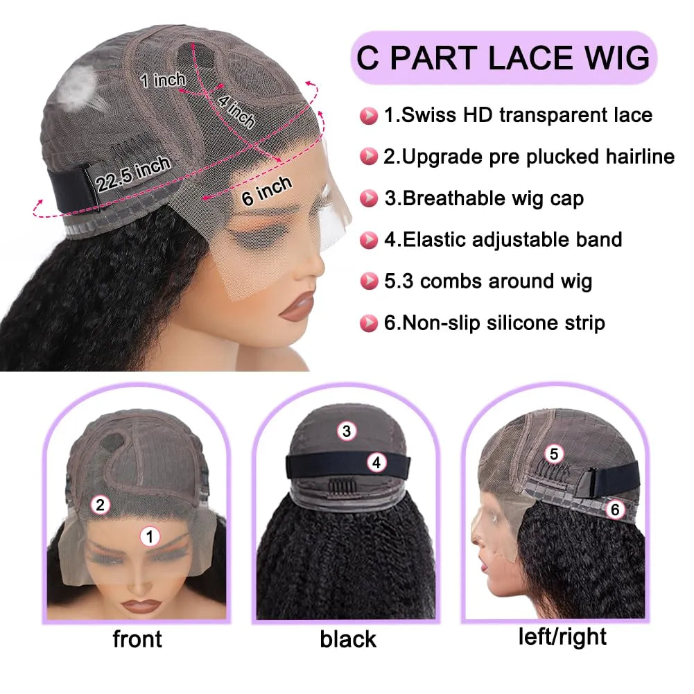 kinky straight human hair wigs C part 6x4x1 lace front 100% Brazilian virgin human hair 180% density yaki straight curly wig for black women natural black color