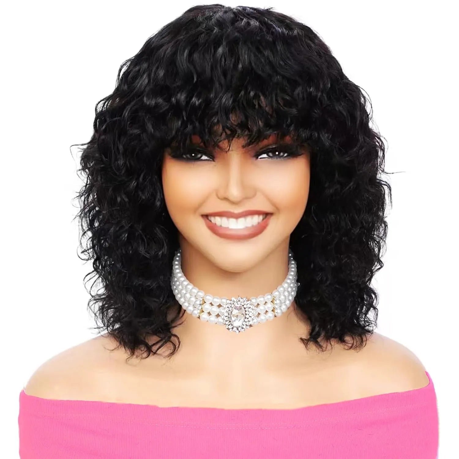 glueless short water wave human hair wig with bangs 200% density 100 percent human hair no lace wet and wavy wigs for black women 12 inch natural color curly hair