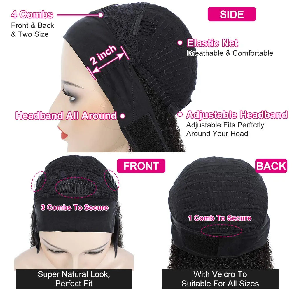 Kinky Curly Headband wigs Human Hair for Black Women No Glue 180 Density brazilian Scarf None Lace Front Wigs deep curly