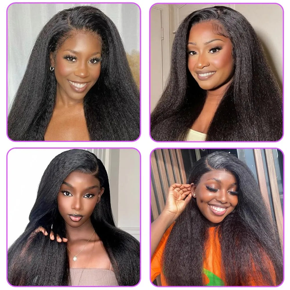 kinky straight human hair wigs C part 6x4x1 lace front 100% Brazilian virgin human hair 180% density yaki straight curly wig for black women natural black color