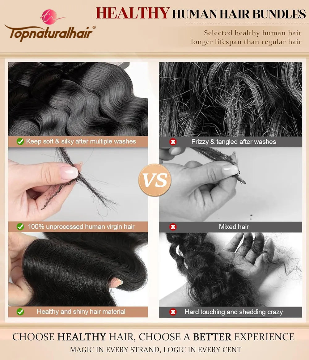 Healthy Human Hair Bundles, Body Wave Bundles Human Hair, 100% Unprocessed Selected Brazilian Virgin Remy Hair Extensions 3 bundles Single Bundle