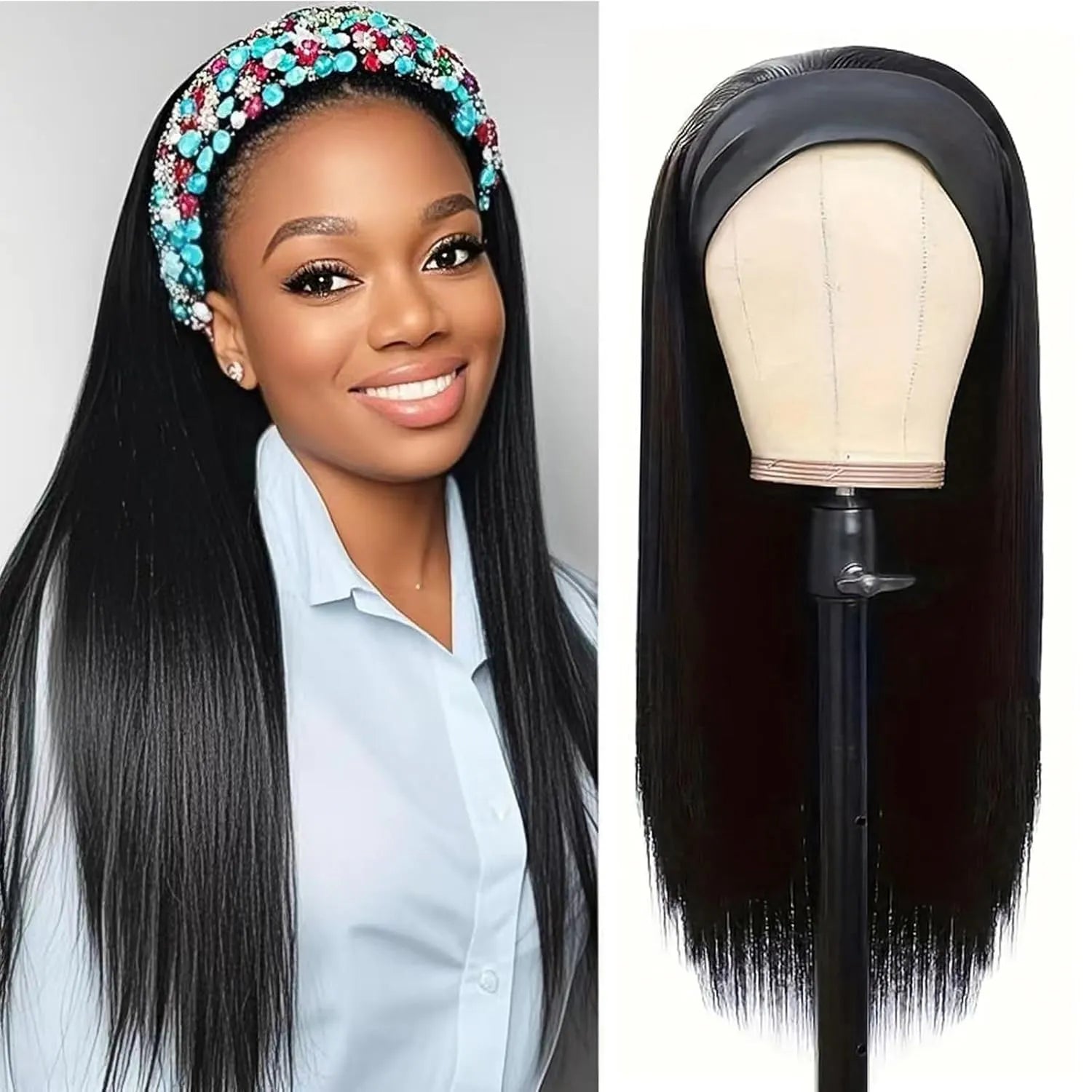 Headband Wigs Human Hair Straight for Black Women Glueless None Lace Front Wigs Brazilian Virgin Human Hair Machine Made Wig 180% Density Natural Color