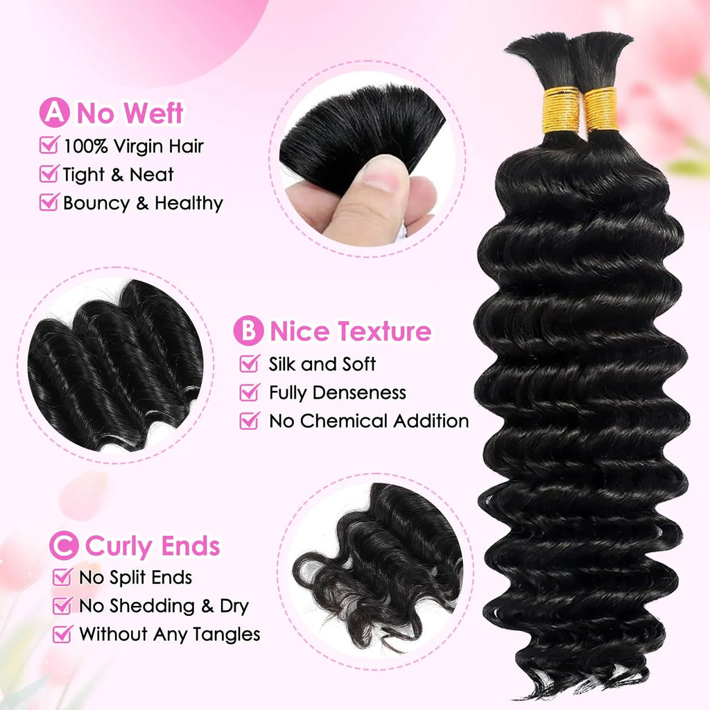 Human Braiding Hair for Boho Braids 18 Inch 100g 2 Bundles/Pack Deep Wave 12A Curly Brazilian Virgin Hair Extensions No Weft Knotless Bulk