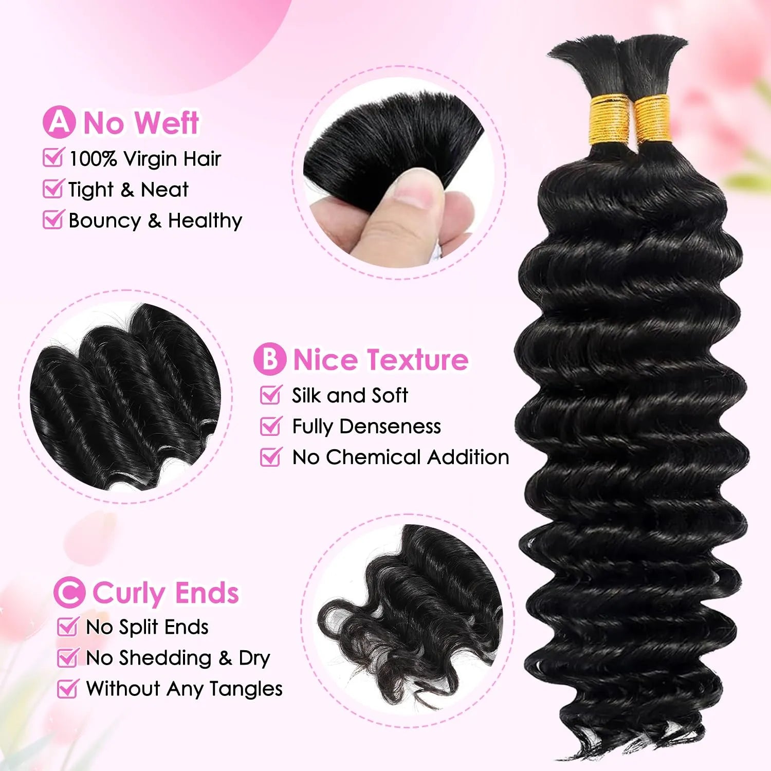 Human Braiding Hair for Boho Braids 18 Inch 100g 2 Bundles/Pack Deep Wave 12A Curly Brazilian Virgin Hair Extensions No Weft Knotless Bulk