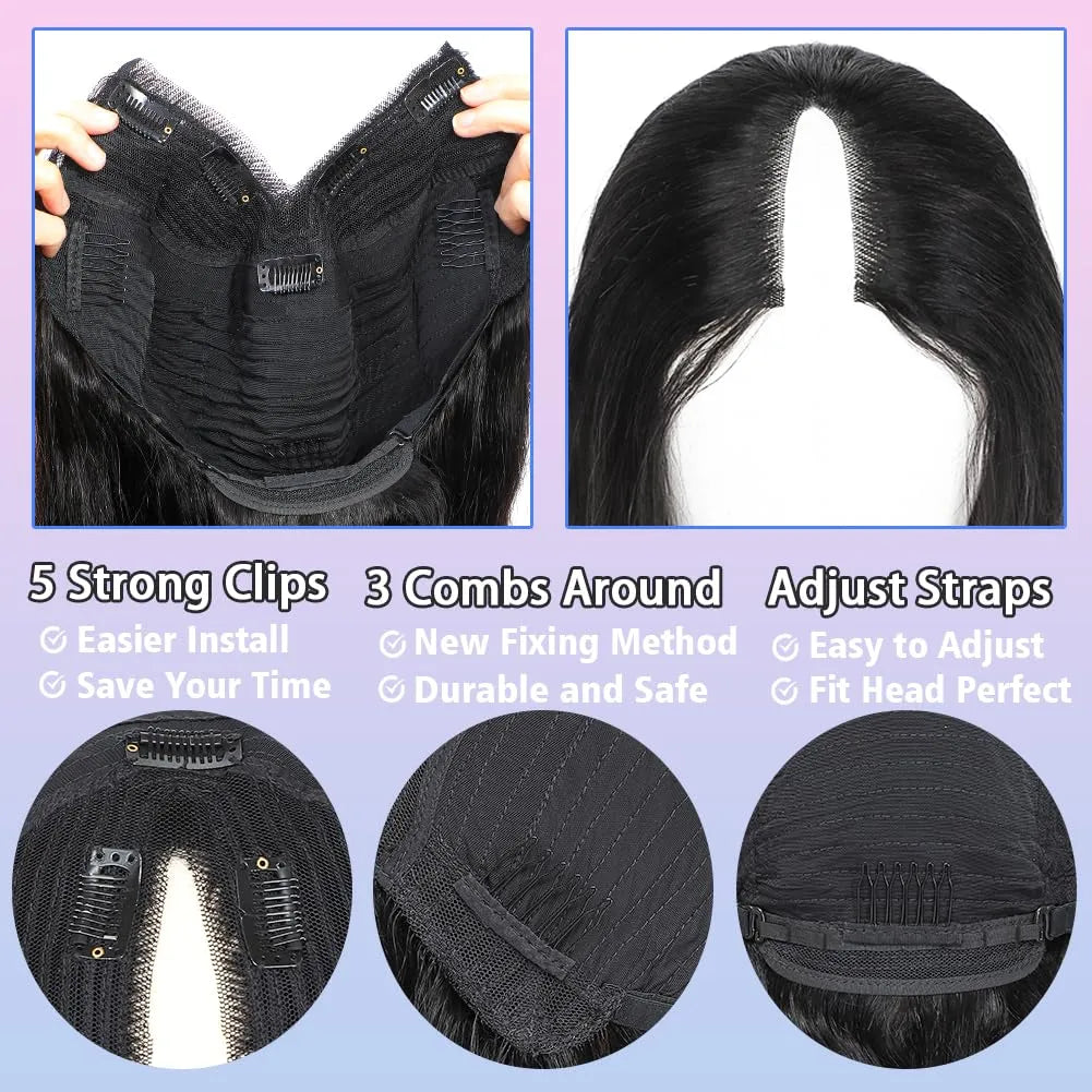 v part wig human hair body wave upgrade u part glueless wigs human hair pre plucked pre cut for black women 180% density 4x4x1 inch middle net clip in half wig natural black
